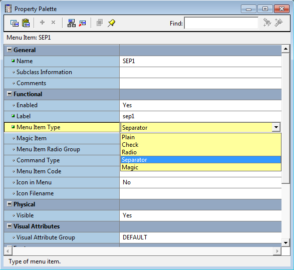 Property Palette for Pop Up Menus in Oracle Forms 