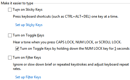 Adjust settings for Sticky keys, Toggle keys and Filter keys