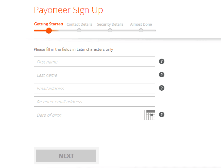 Payoneer signup form