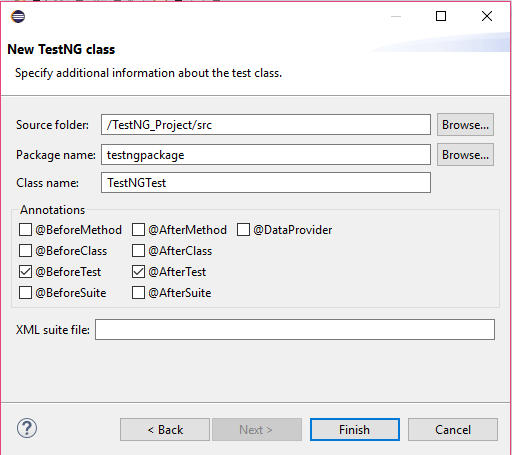 How to Create the First Test Case With TestNG in Eclipse 10 Finish adding TestNG Class