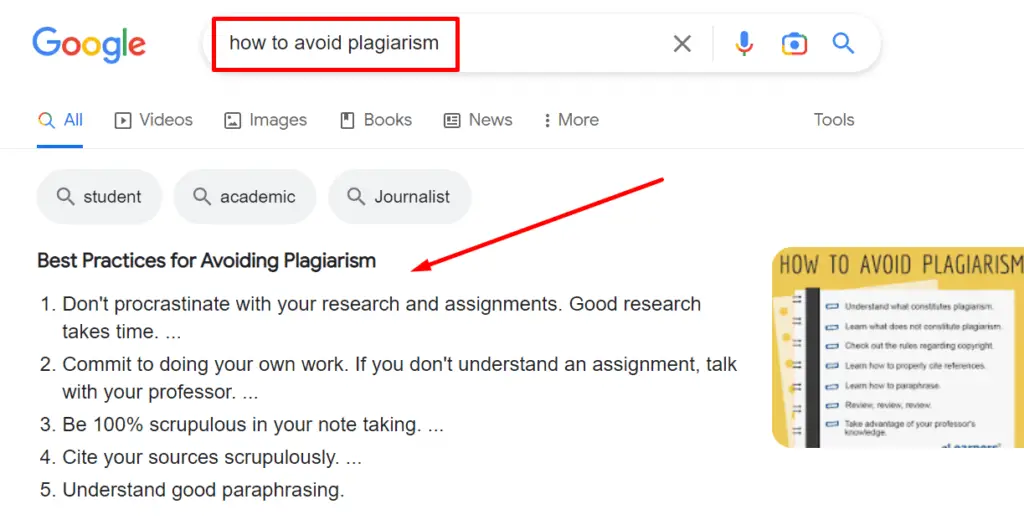 Searching "how to avoid plagiarism"